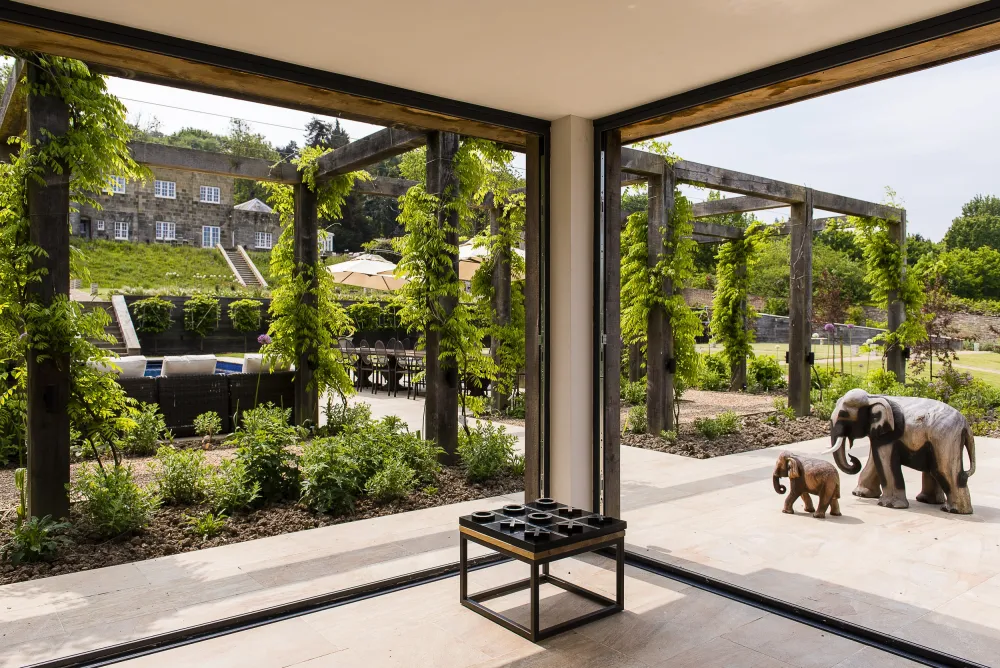Pool house, looking out into garden